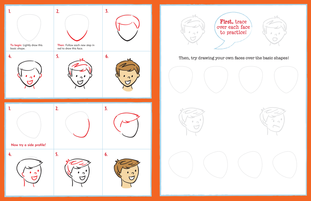 inner page of kids learn to draw faces showing a boys face