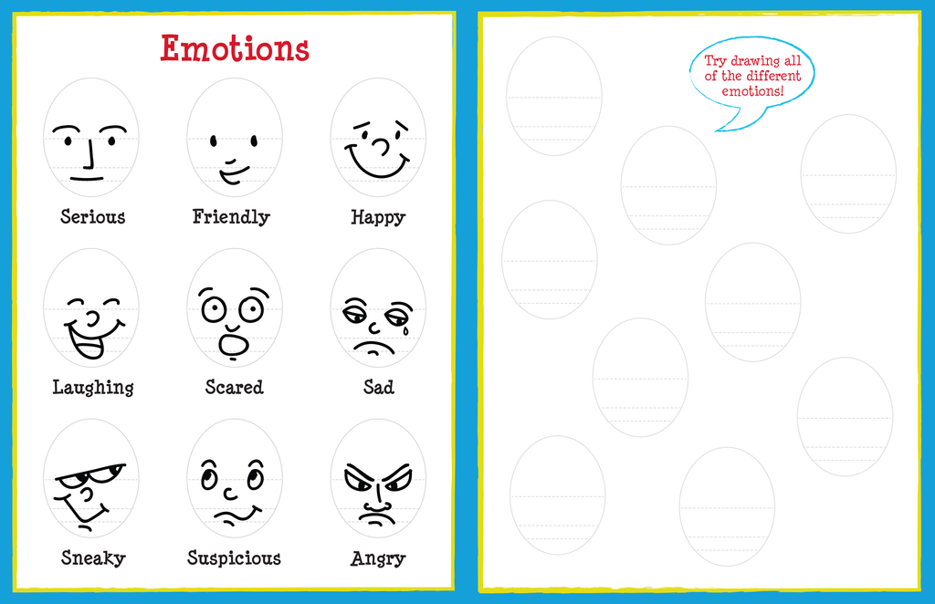 inner page of kids book learning to draw faces showing emotions