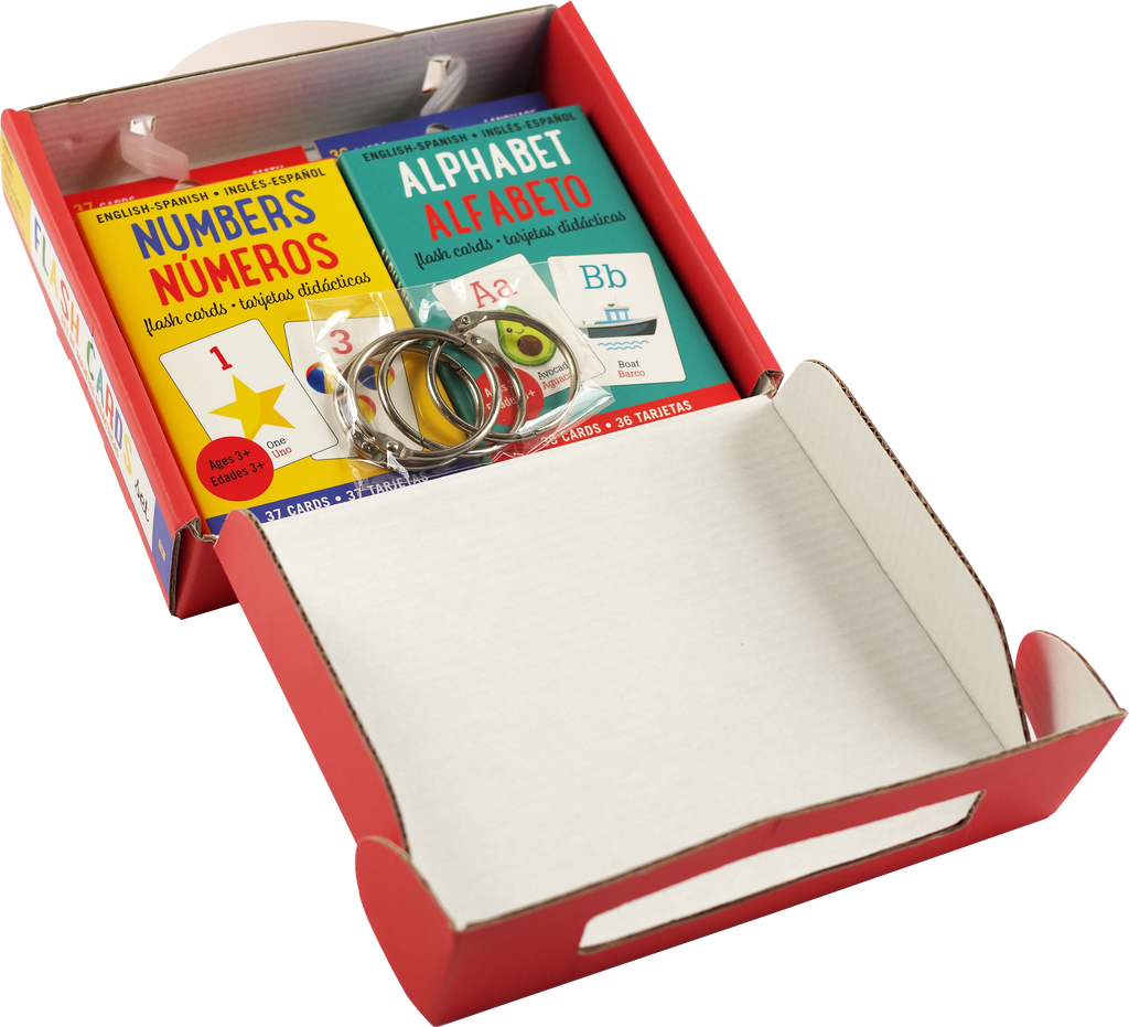 open box showing the insides of the bilingual english/spanish flashcards for children