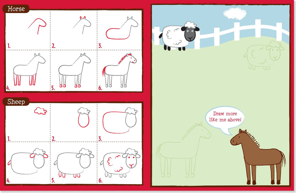 learn to draw kids book inner pages showing how to draw a sheep and horse