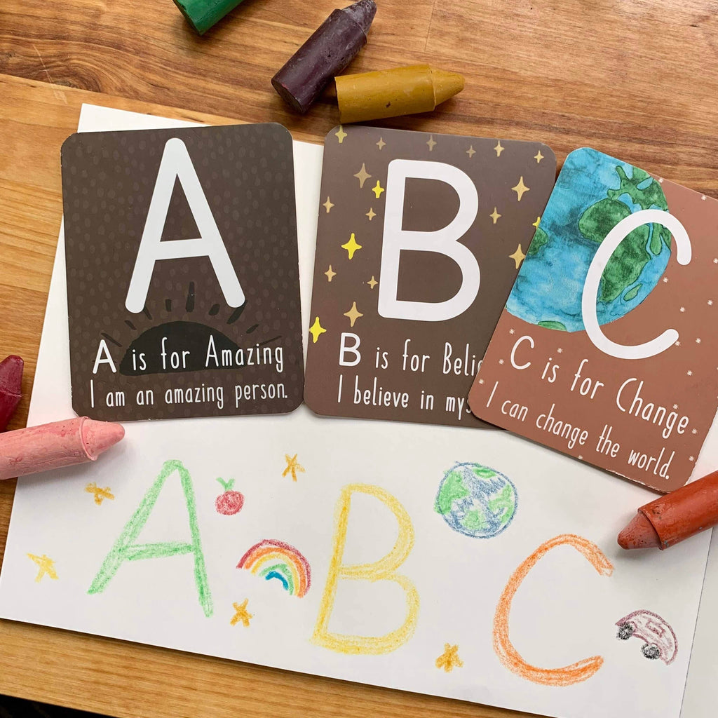 alphabet memory flashcards for kids, educational toys for kids, affirmations for children. letters A, B, and C