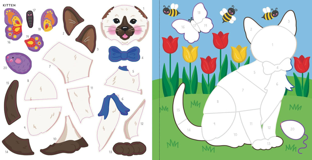 childrens sticker book showing a cat, bees, and flowers