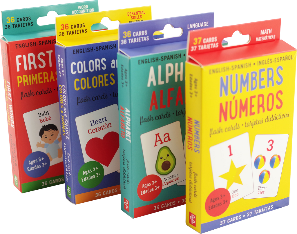 Children's bilingual flashcards, set of four, showing numbers, alphabet, colors, first words, 36 cards in each pack