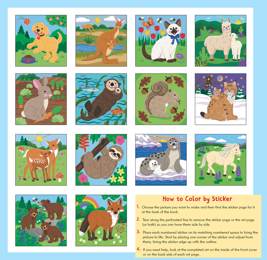 color by sticker directions showing over a dozen animals that are in this kids book