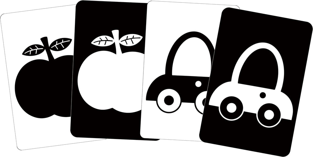 4 cards of high contrast flashcards showing apples and cars for babies