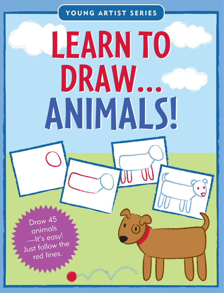 learn to draw animals kids book cover, colorful showing kids drawings of dog