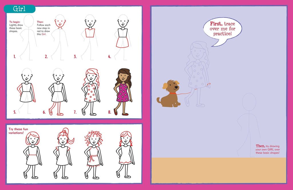 learn to draw kids book showing a girl with various hair styles walking a dog