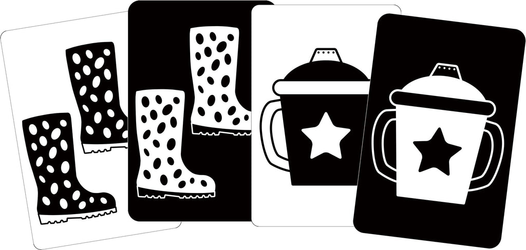 4 cards showing high-contrast flashcards boots and pales for babies