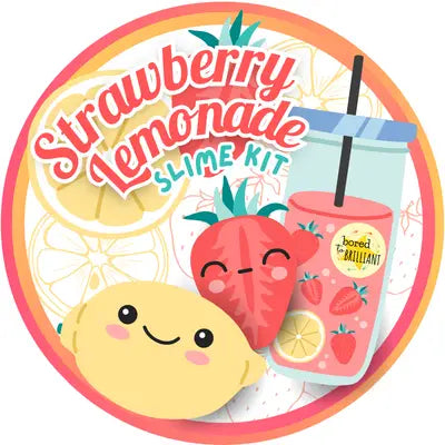 strawberry lemonade slime kit logo with lemon and strawberry character and a cup of drink