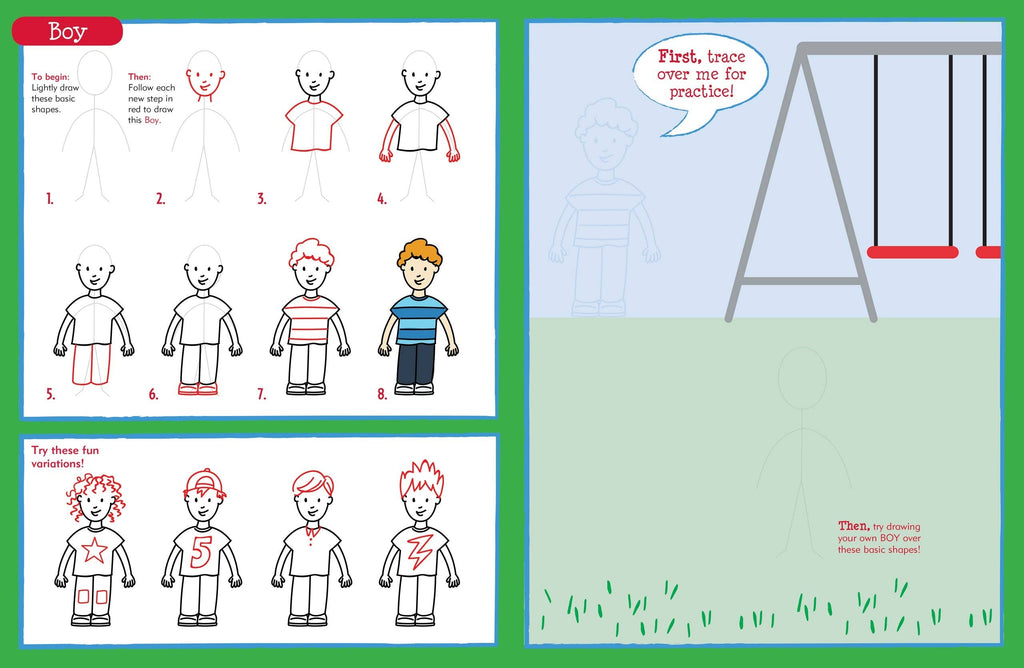 children learn to draw book inner page showing a boy in different clothes and hair styles at a swing set