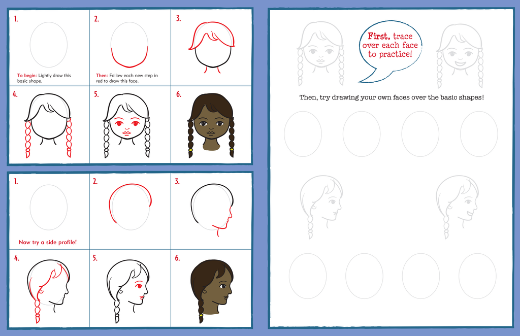 inner page of kids learn to draw faces showing a girls face