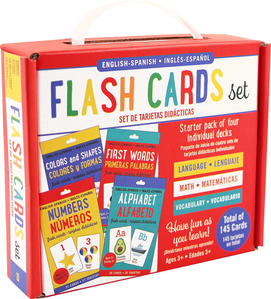 english-spanish bilingual flashcards for kids box set showing colors, numbers, alphabet, and first words