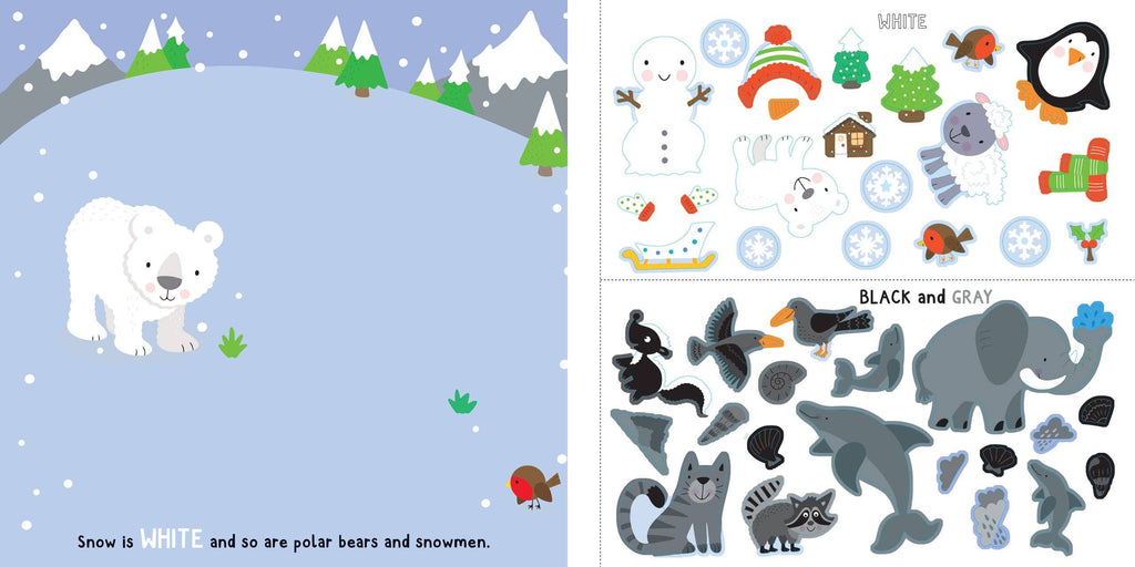 white, black, gray stickers in this children's sticker book