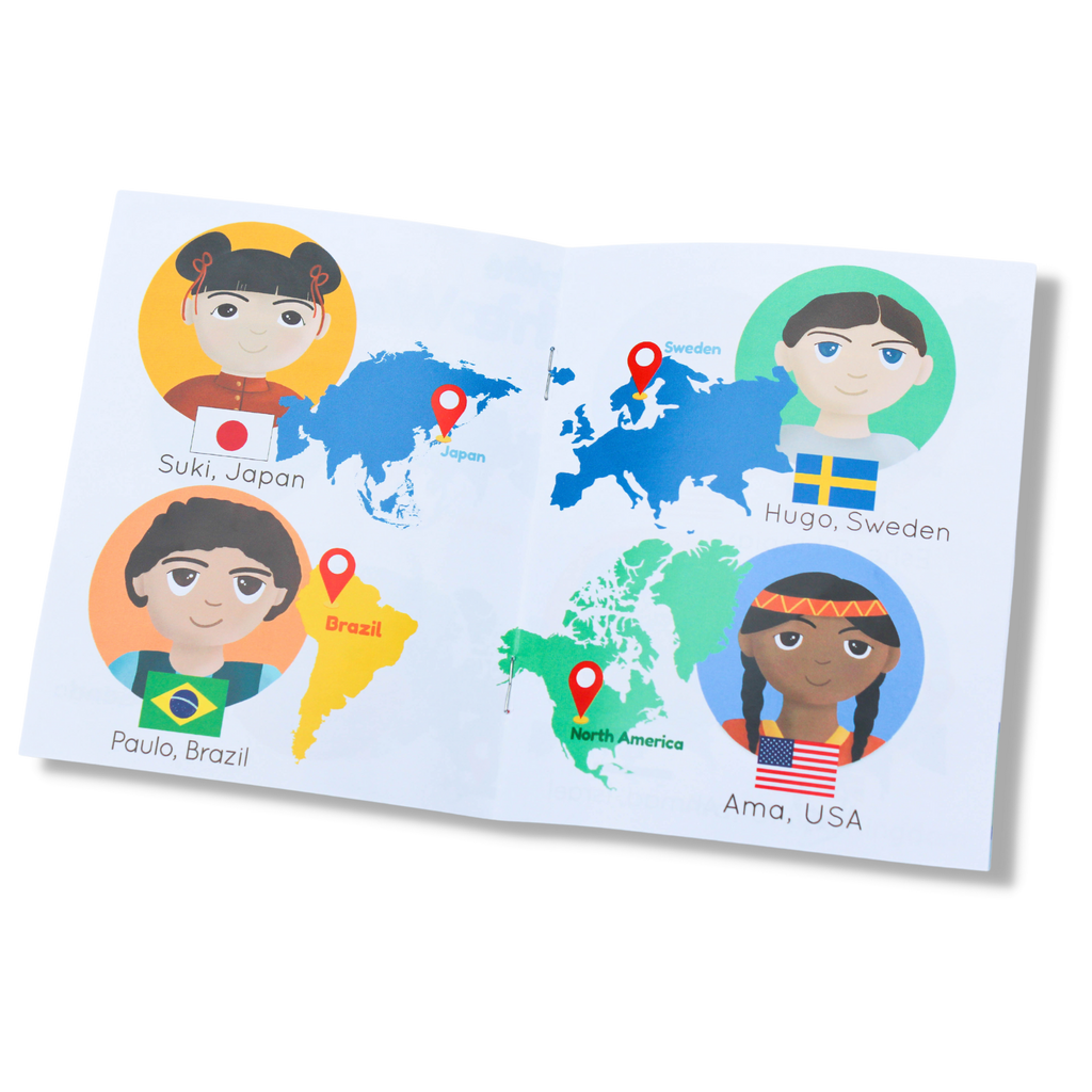 kids of the world memory match educational game booklet showing kids from the different countries with a map of their country and the flags too