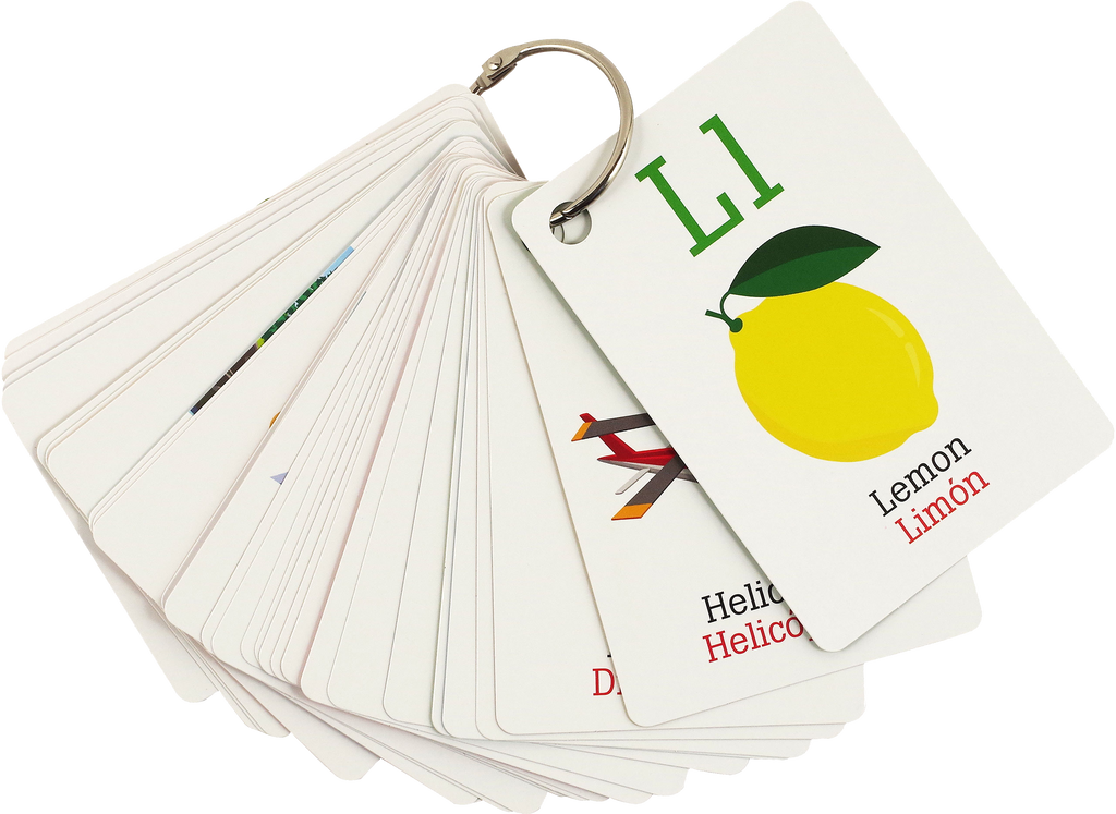 english-spanish bilingual flashcards for kids showig cards on a ring with colors, numbers, alphabet, and first words