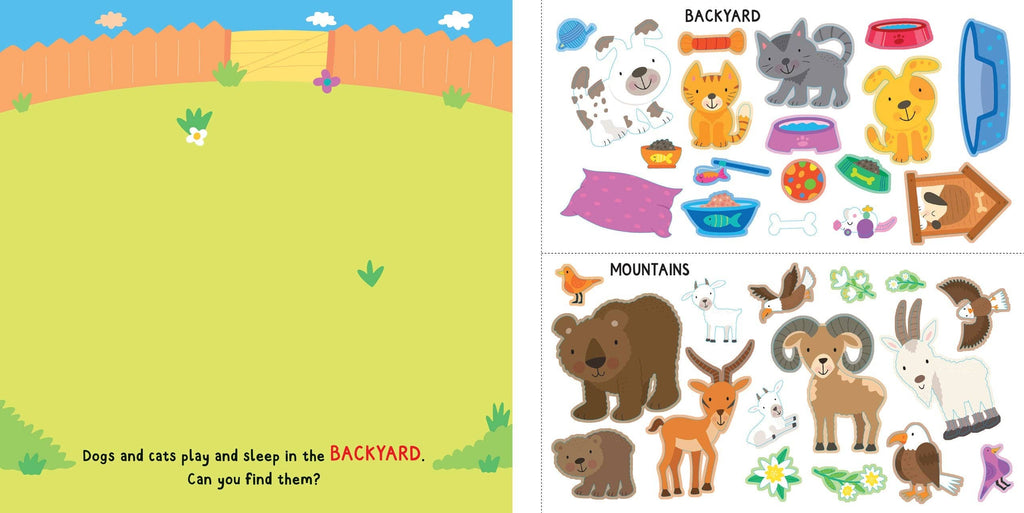 inner page showing backyard and mountain animals in this children's book