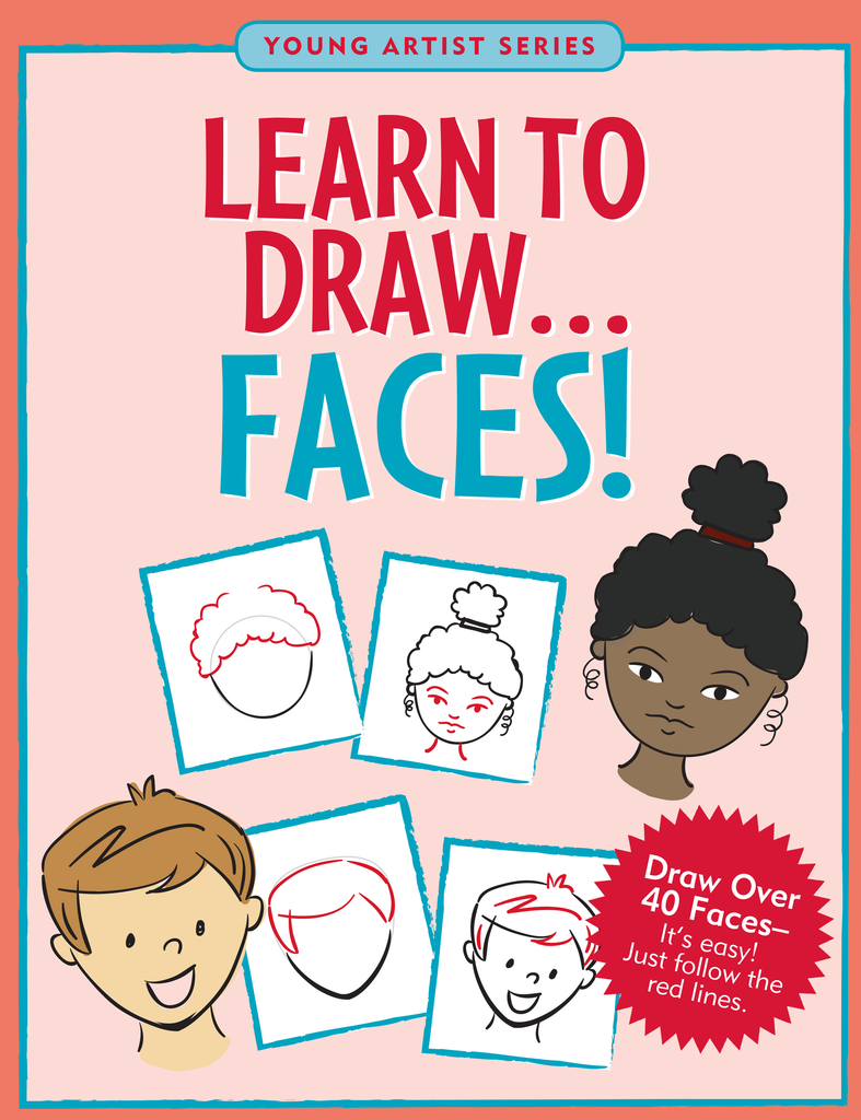 Kids book, learn to draw faces, showing a boy and a girl face 