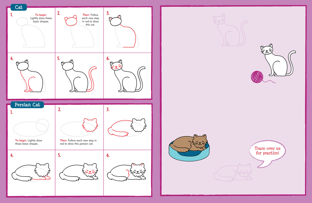 kids learn to draw pets book showing hot to draw a cat