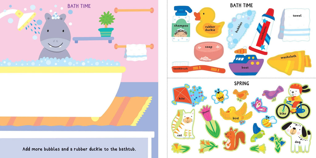 bath time and spring time stickers with words for kids to learn in this kids book