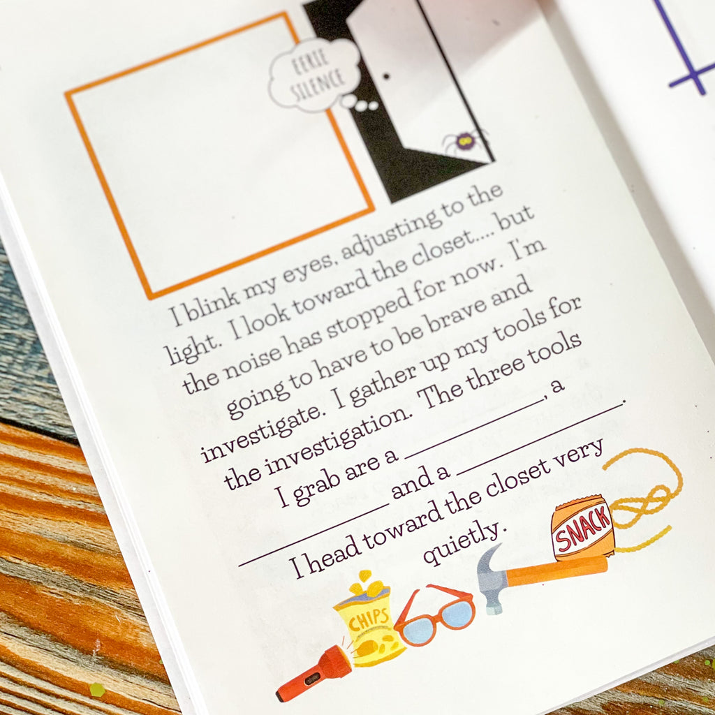 inner page of children's book showing writing prompts