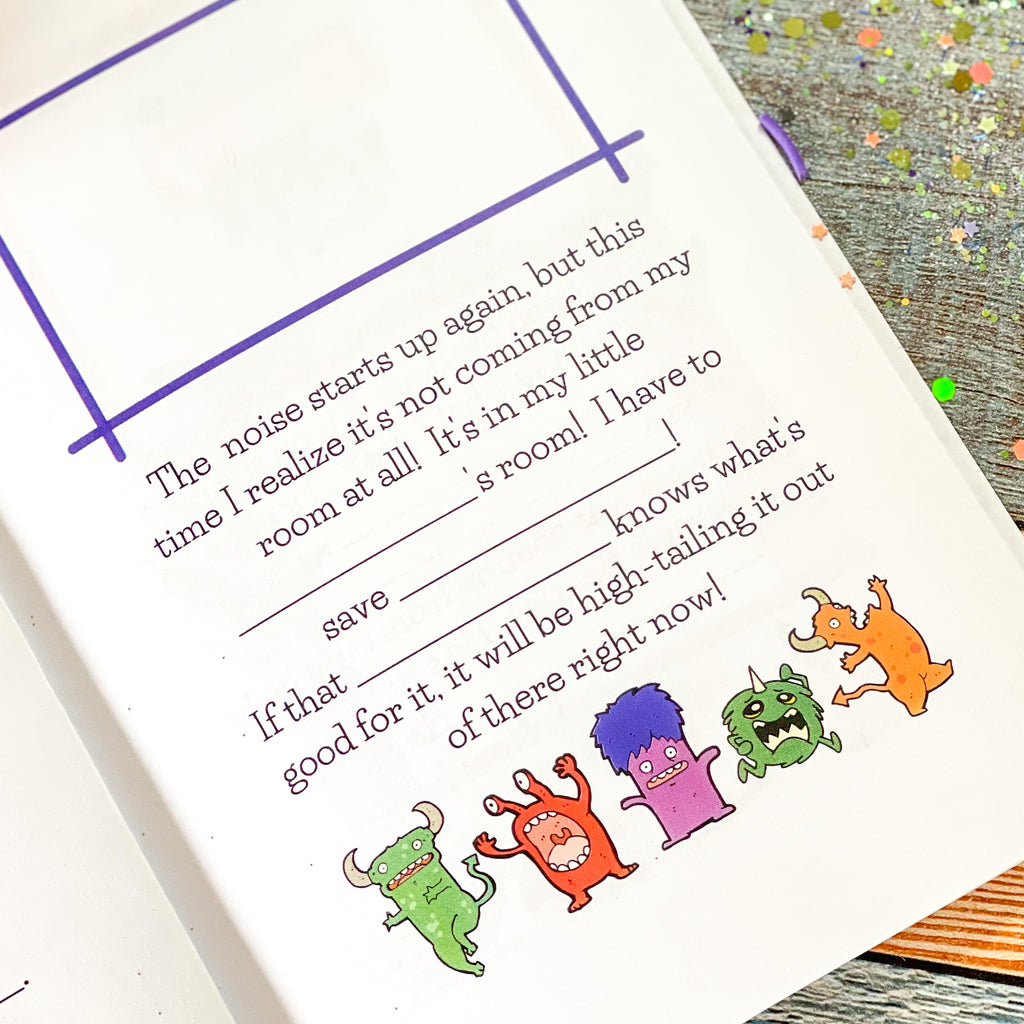 inner page of kids book showing writing prompts and images of monsters